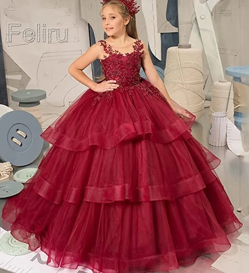 Pageant Scoop Tiered Kids Wine Red Flower Girl Dress For Wedding Pearls Lace First Communion Ruffle Tulle Princess Birthday Gown