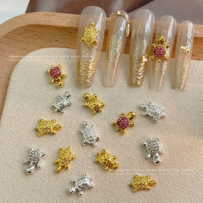 5Pcs Longevity Turtle Nail Charms, Silver Alloy Rhinestones Trendy Ornaments for DIY Press-on Manicure Accessories