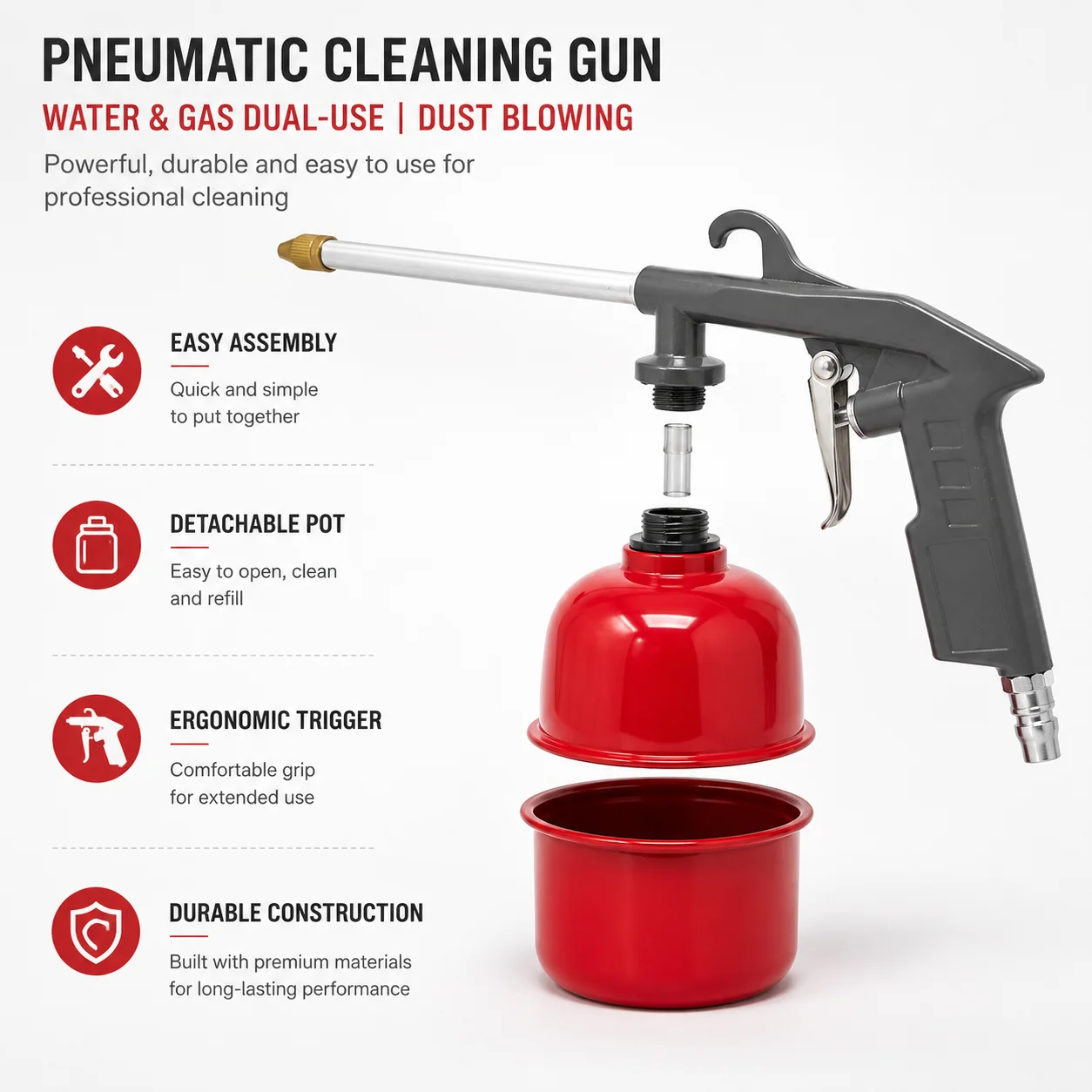 Pneumatic Car Engine Cleaning Gun 1Pc Zinc Alloy with Red Pot Long Nozzle Air Liquid Dual Use Tool for Oil Channel Dust Repair view 5