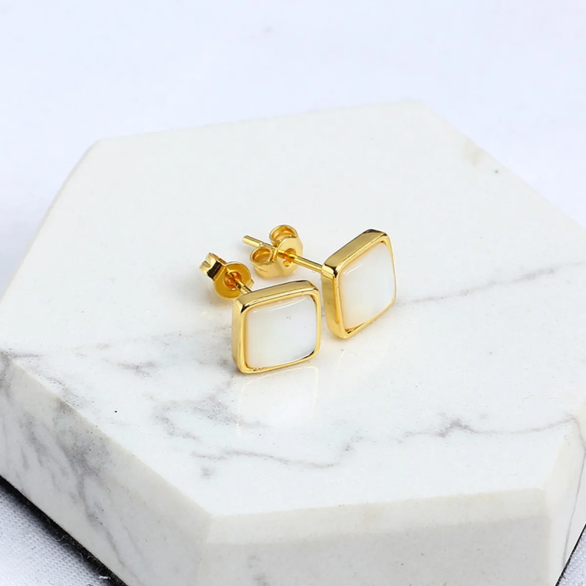Women Brass 14K Gold‑Filled Flat Square Shell CZ Blank Setting Handmade Findings For DIY Pearl S925 Silver Needle Stud Earring