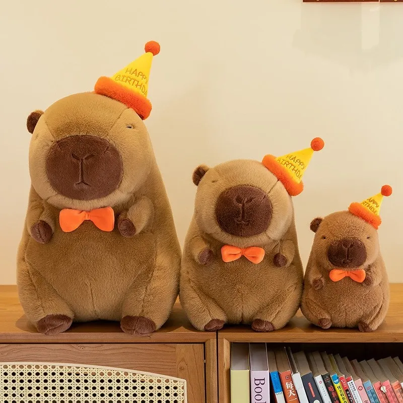 

Capybara Plush Toy Cute Adorable With Happy Birthday Hat Bow Tie Soft Fluffy Stuffed Animal Doll Kids Birthday Gift For Children