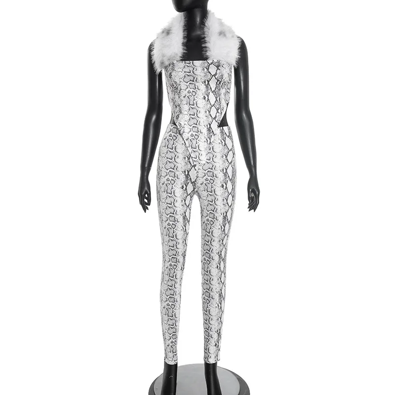 Women Sexy Serpentine Print 2 Piece Set Furry Collar Halter Backless Tank Bodysuits Tops + High Waist Pencil Pants Clubwear Suit