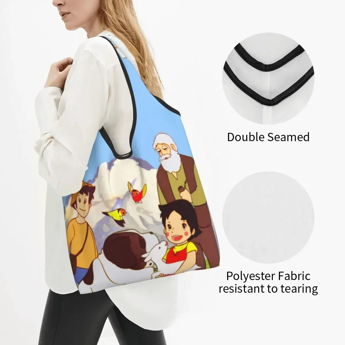 Recycling Heidi Peter And Grandpa Together Shopping Bag Women Tote  Portable Alps Mountain Goat Cartoons Grocery Shopper s