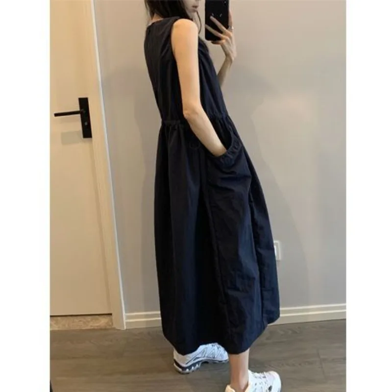 Extra-large Size Pound Beauty Quick-drying Light Sleeveless Vest Dress, Women's Summer Loose Drawstring Cinched Waist Long Dress