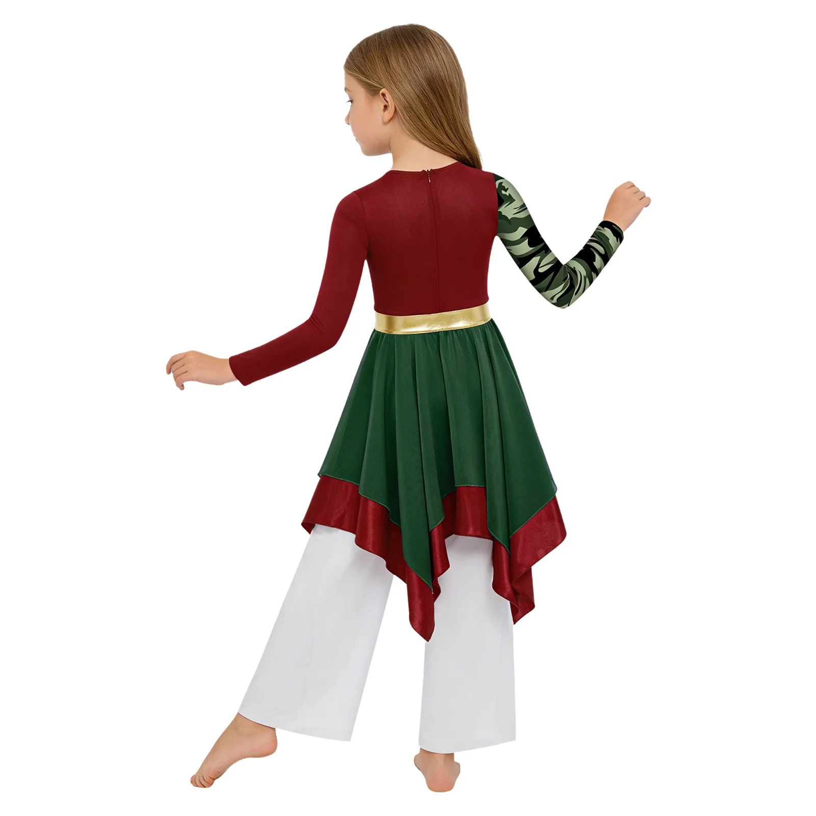 Kids Girls Worship Liturgical Praise Choir Dance Outfit Long Sleeve Zipper Print Dress with Wide-Leg Pants Lyrical Dance Costume - view 2