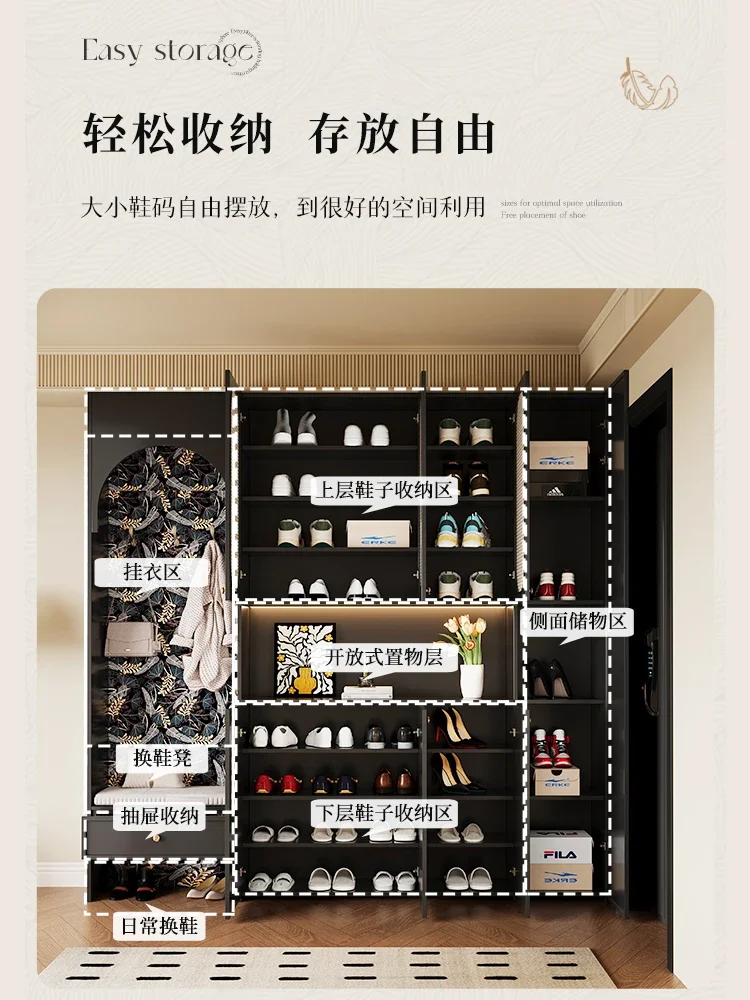 Retro rattan woven home shoe cabinet, entrance cabinet integrated living room partition cabinet, solid wood screen decorative ca