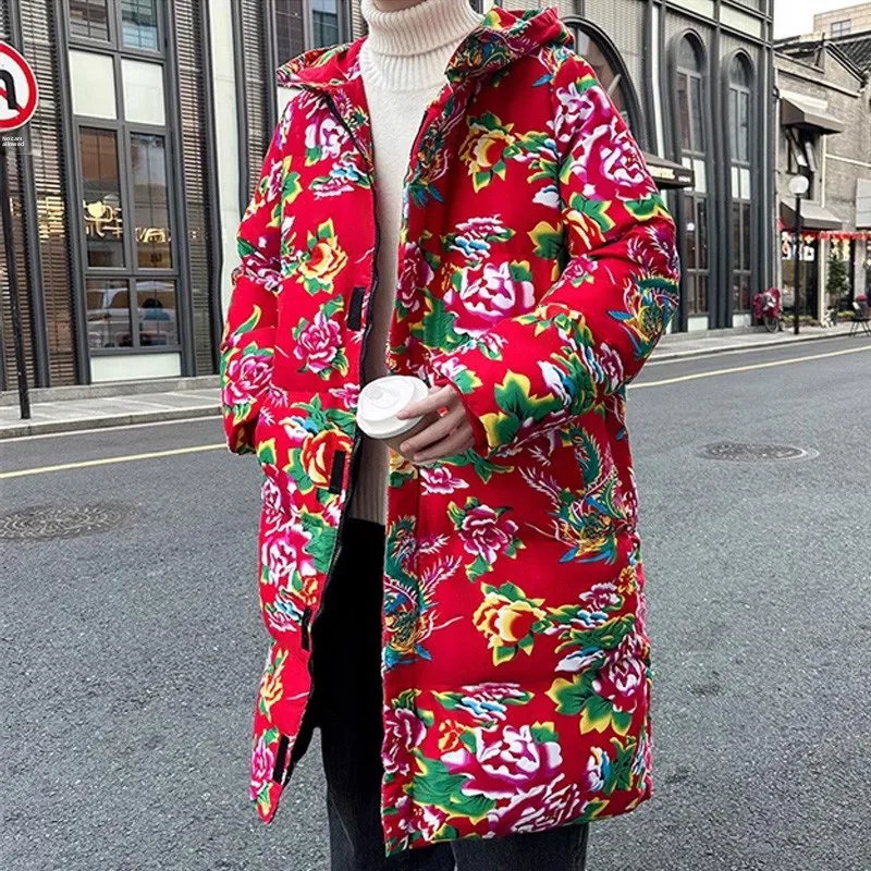 

Thickened Cotton Jacket Men's Winter Warm Cold Proof Mid-Length Version Rural Northeast Big Flower Patterned Military Style Coat