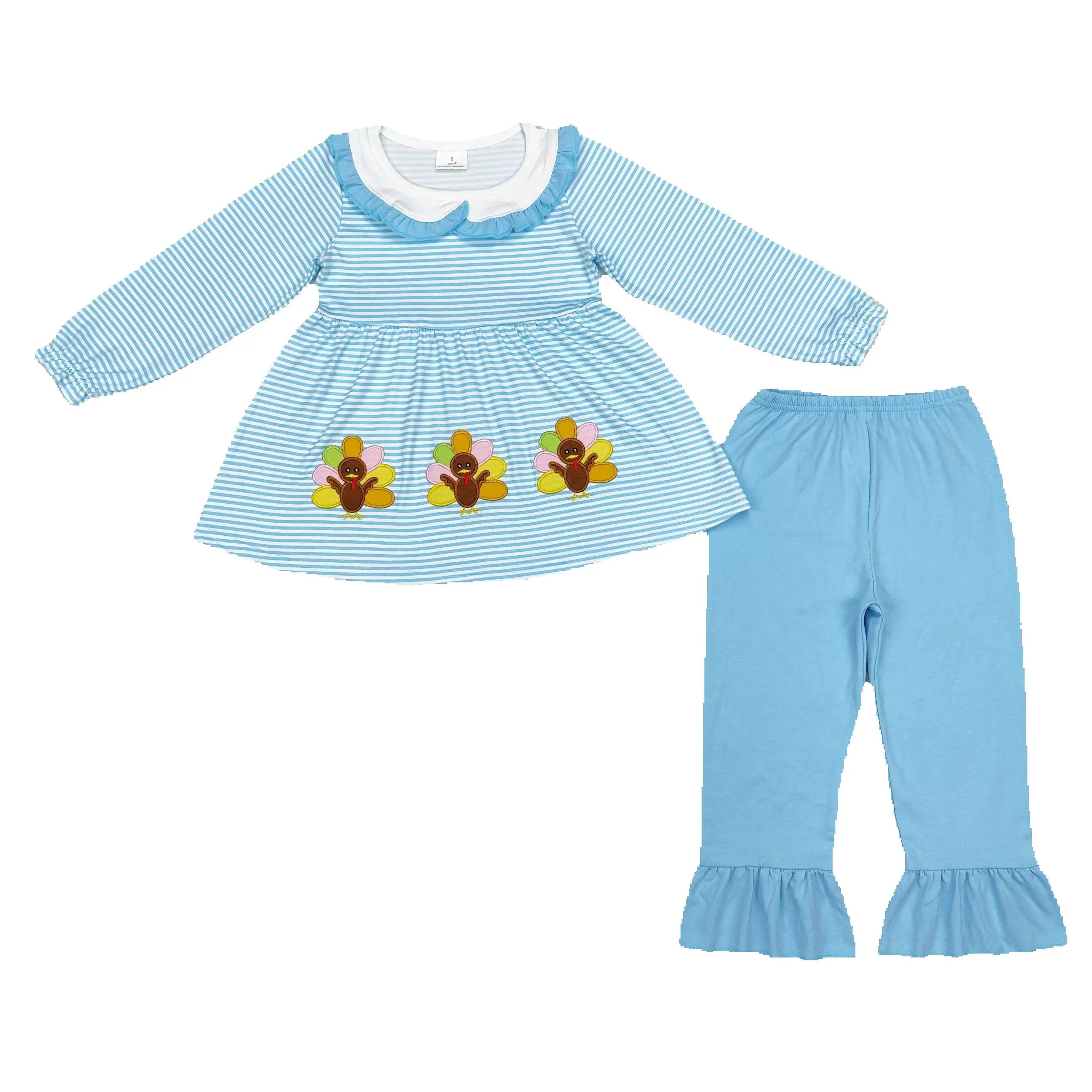 GLP1768 Kids Girls Autumn Outfit Sets Long Sleeves Embroidered Turkey Collar Blue Stripes Print With Trousers Children Clothes