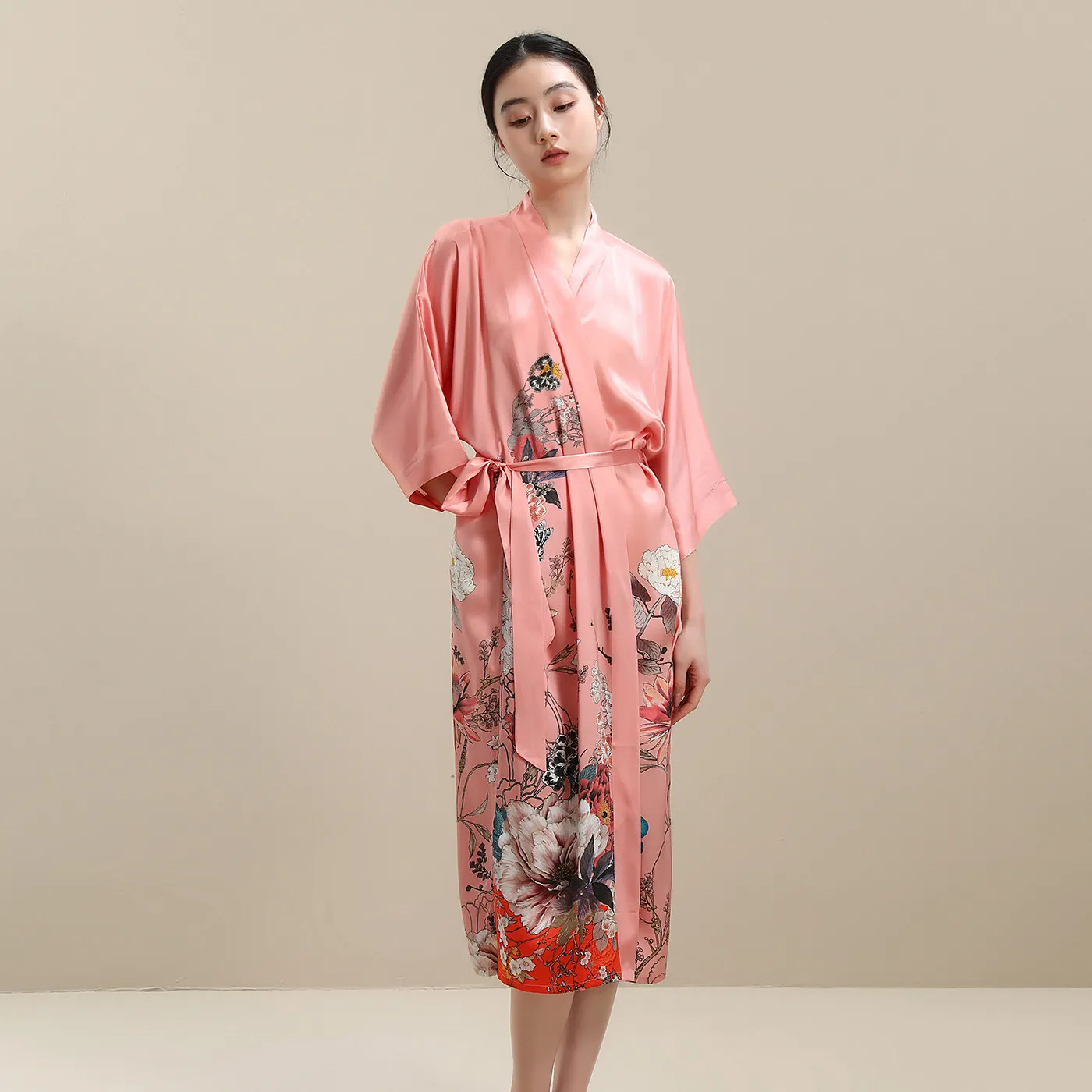Women 100% Mulberry Silk Long Robe Summer Floral Print Kimono Nightgown Luxury Satin V Neck Belted Loungewear Sleepwear Bathrobe
