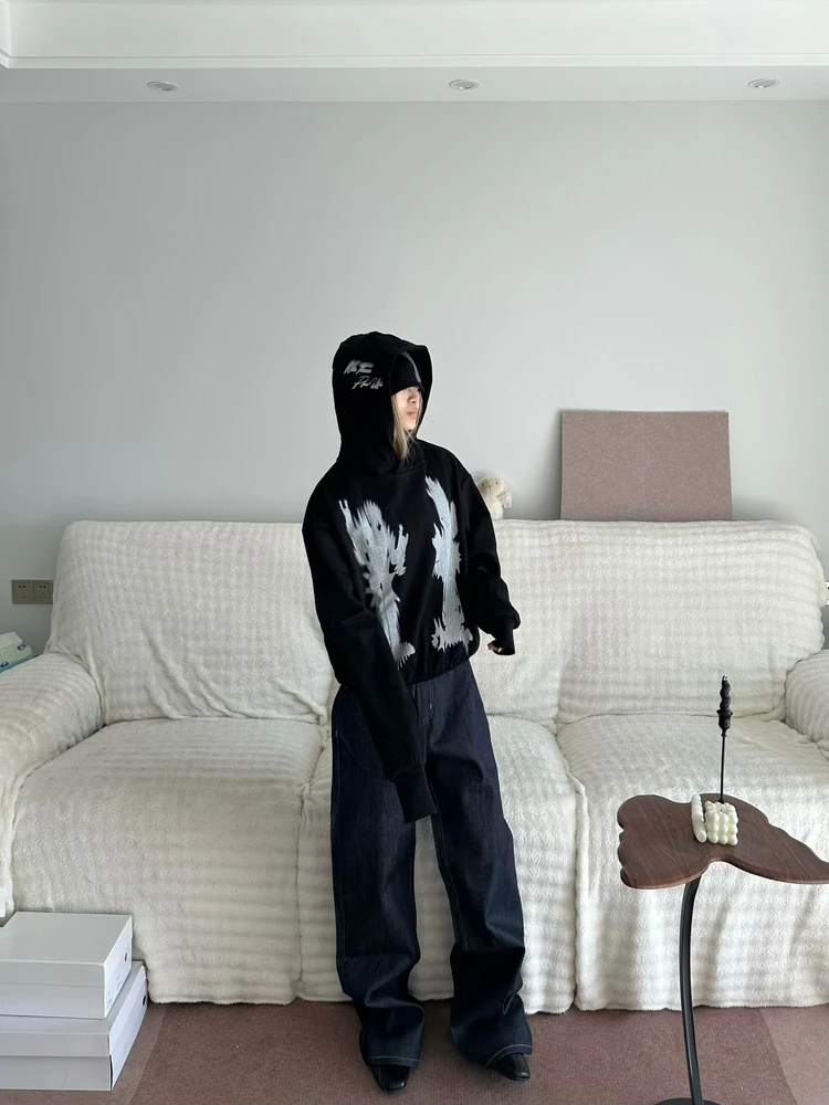 Retro American Streetwear fiti Print Hoodie Loose Casual Versatile Fall Winter New Sle Women's Cotton Long Sve Sweat...