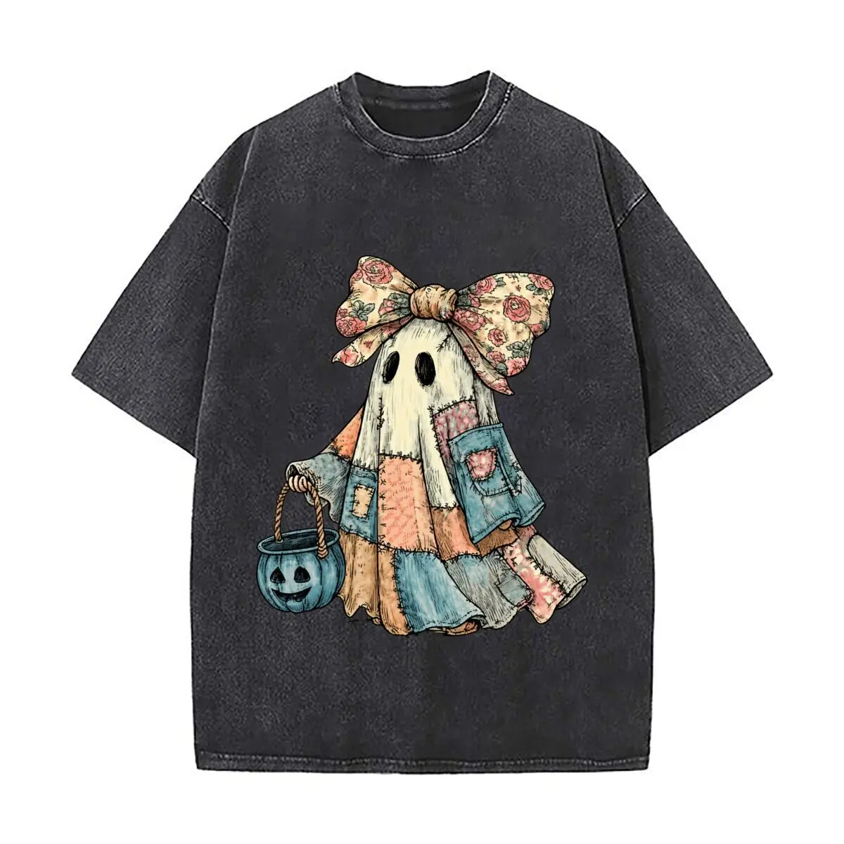 Halloween Patchwork Ghost With Floral Bow And Pumpkin Bucket Washed Vintage Short Sleeve Loose Streetwear Tee