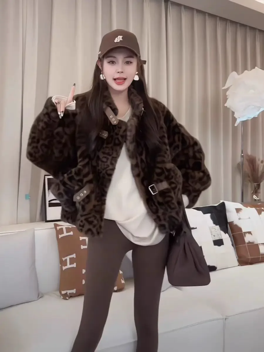 Imitation Mink Fur Leopard Short Coats Retro Heavy Industry 3D Three-dimensional Pattern Hot Drill Long Sleeves Lace Up Jacket