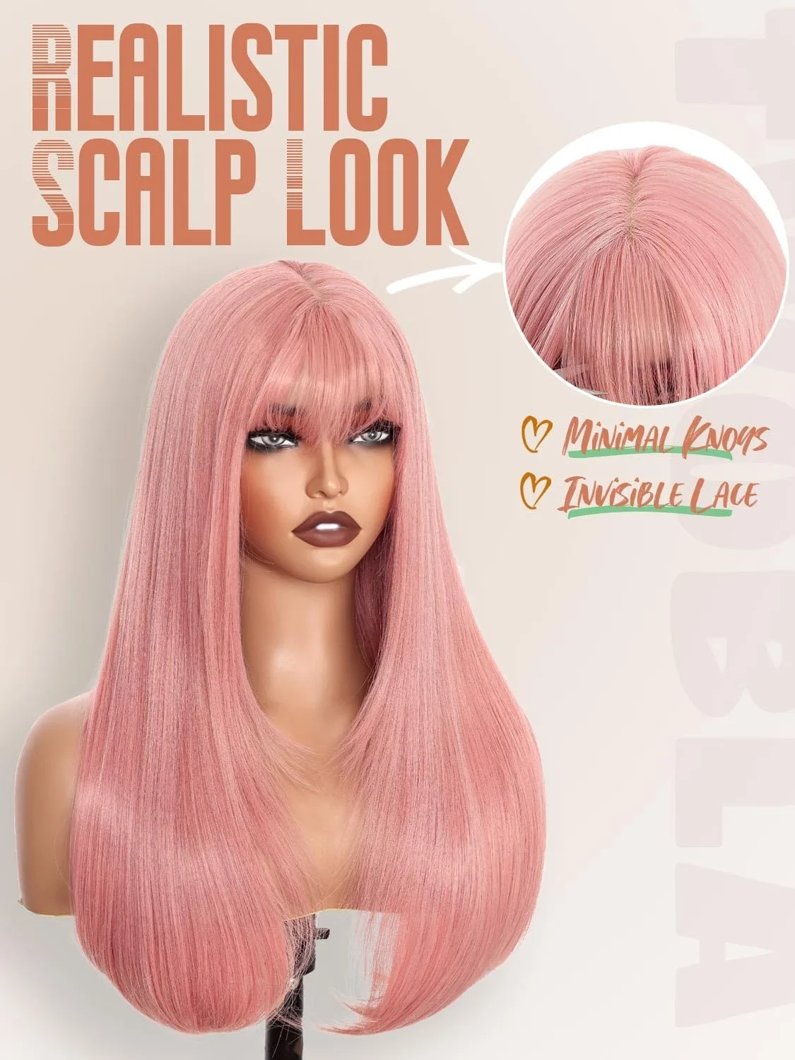 Light Pink Layered Cut Wig With Bangs Straight Synthetic And Blend Lace Wig For Women 13x4 HD Natural Hairline Daily Use Cosplay