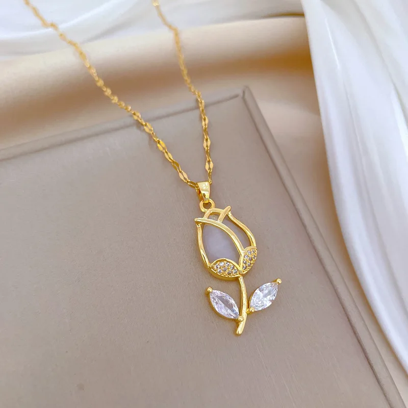 Stainless Steel Chain Classic Shiny Zircon Tulip Pendant Necklace for Women Lady Vintage Jewelry Accessories Gifts