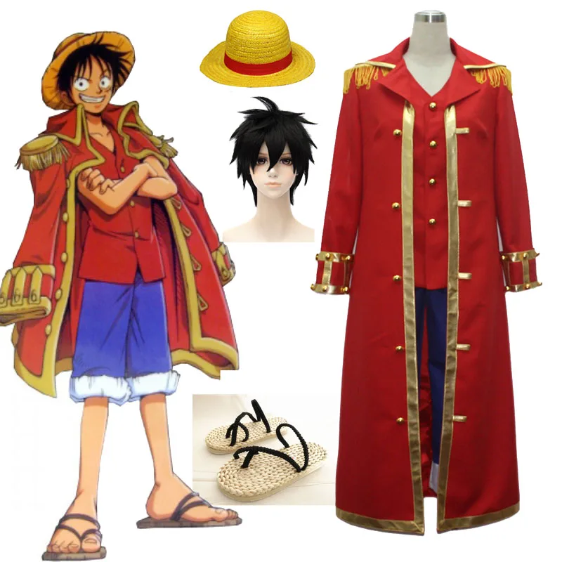 One Piece Monkey D. Ruffy Cosplay Kostüm Kapitän Trenchcoat Anime Zubehör Ruffy Perücke oder Hut oder Schuhe Halloween Party