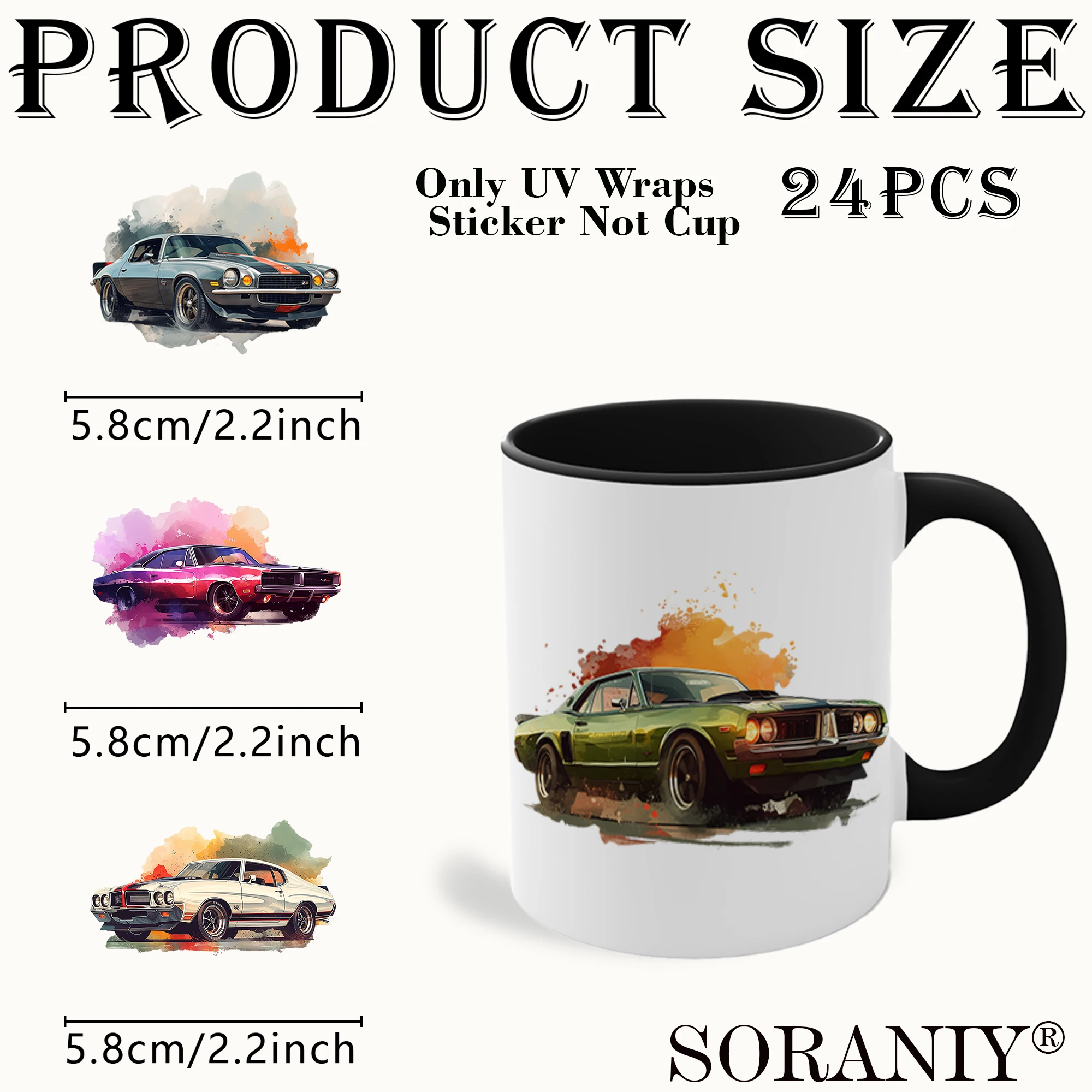24PCS/Set Muscle Cars Themed UV DTF DIY Transfer Sticker for Water CupsUsed For Water Bottles Glass