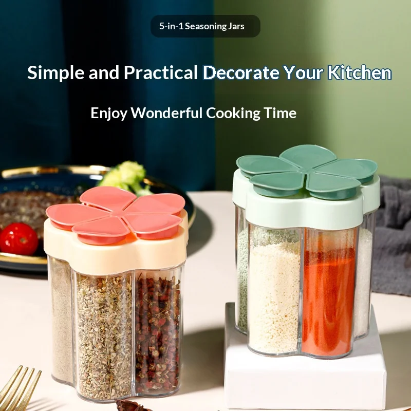 1PC 5-Compartment Flip Spice Jar, Kitchen Airtight Seasoning Container with Labels, Moisture-Proof BBQ Condiment Bottle
