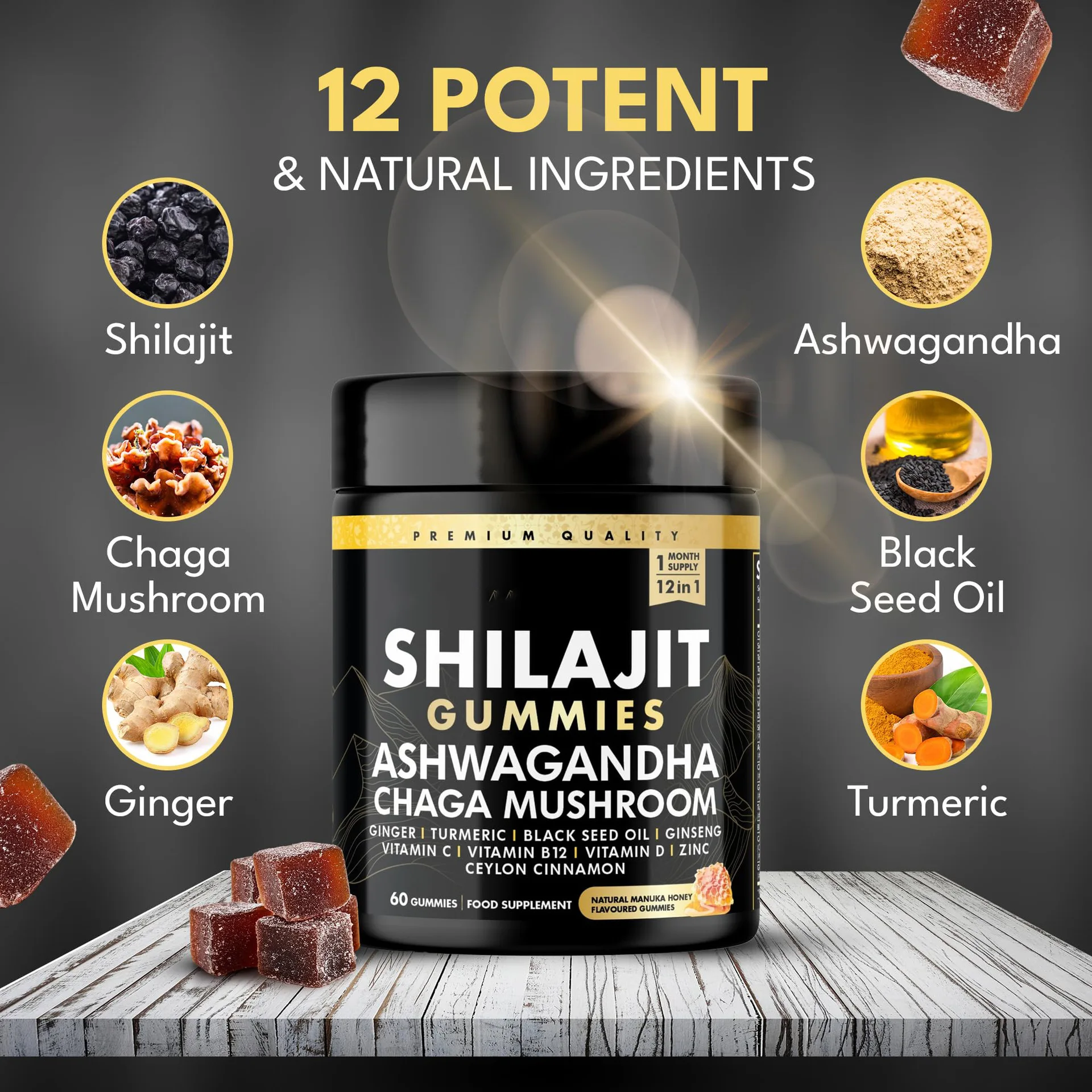 Gomitas Shilajit del Himalaya puras 12 en 1 con musgo marino, aceite de semilla negra, energía y vitalidad, aumenta el estrés, caramelo suave de setas