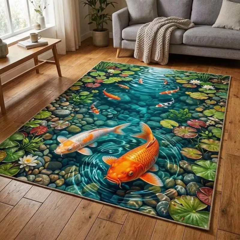 Koi Fish Pond Rug for Living Room Bedroom Home Decoration Flannel Floor Mat with Lotus Leaf Stone Water Scenery Printed Pattern