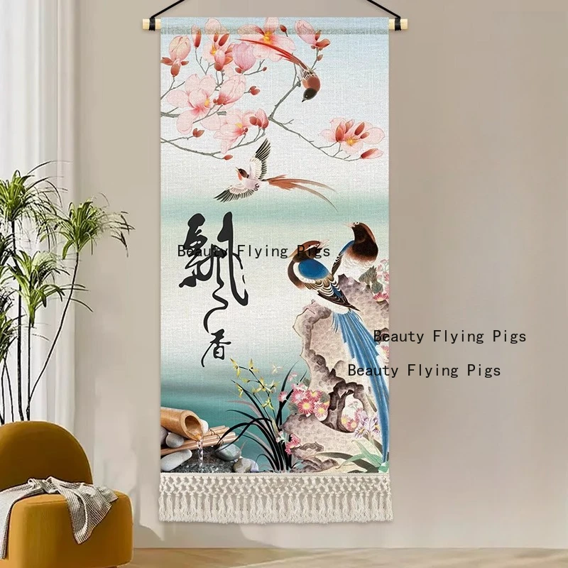 1pc Blended Decorative Painting Chinese Style Flower and Bird Hanging Paintings Tea Room Partition Wall Cloth Home Decoration