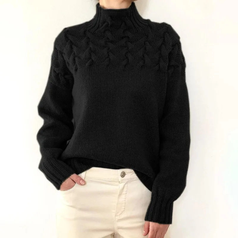 2023 Autumn and Winter Women\'s Pullover High Neck Solid Screw Thread Long Sleeve Knit Sweater Fashion Casual Loose Tops