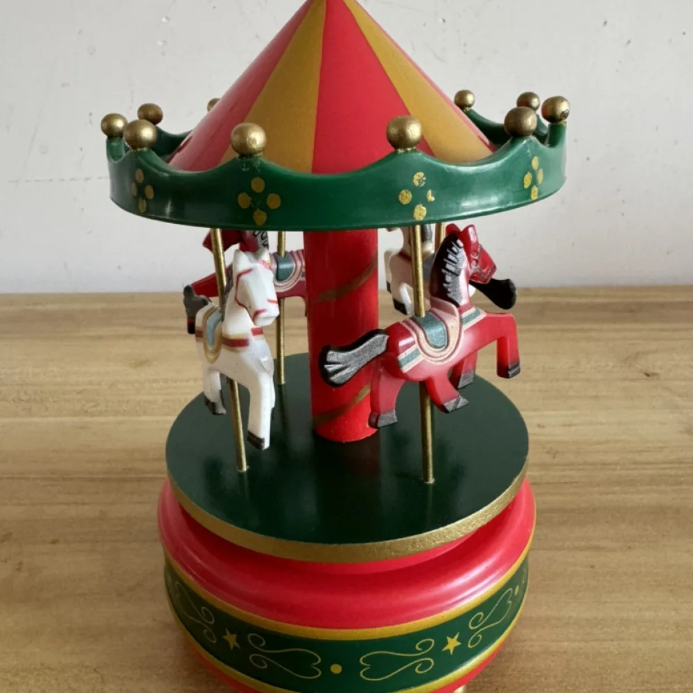 Mechanical Wind Up Carousel Music Box Creative Birthday Cake Topper Vintage Style Wooden Ornament Home Decor Xmas Party Gift