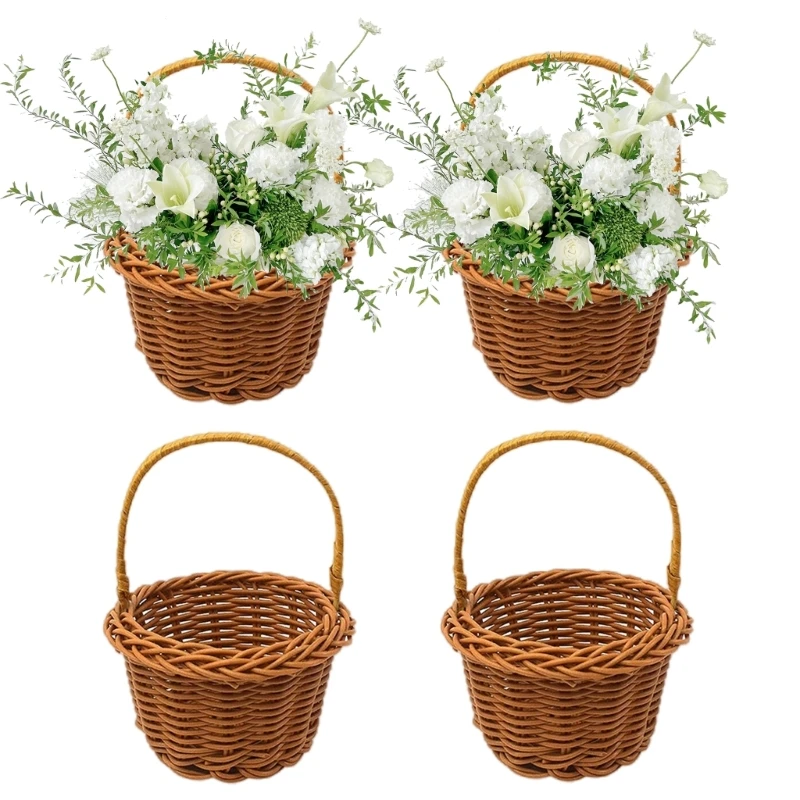 Paquete 4 cestas flores tejidas a mano, cestas hechas a mano ratán artificial, cestas mano para uso doméstico y