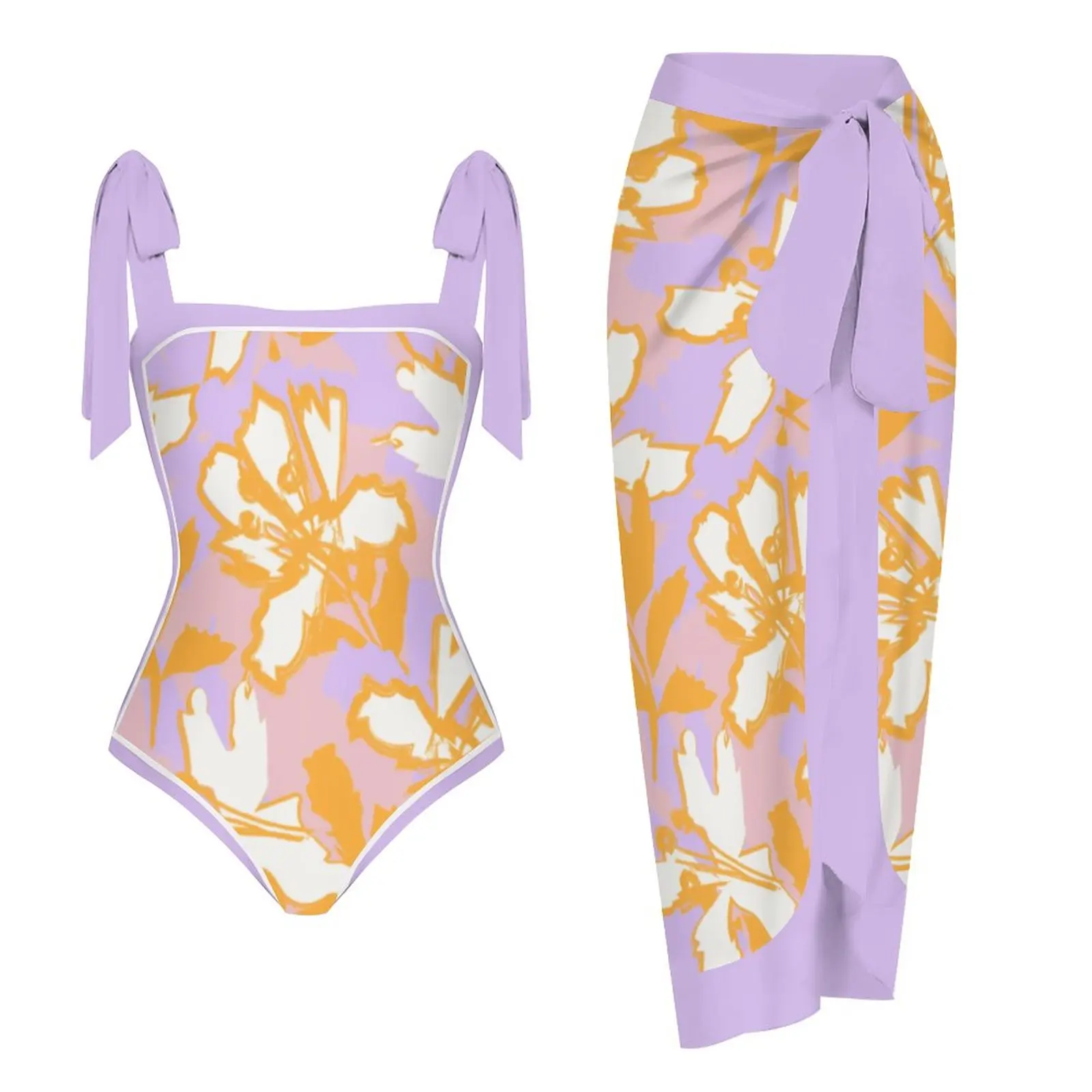 

Floral Print Beachwear 2023 Fashion Women Swimwear Summer Square Neck Swimsuit and Cover-Ups Bathing Suits Beach Style Vacation