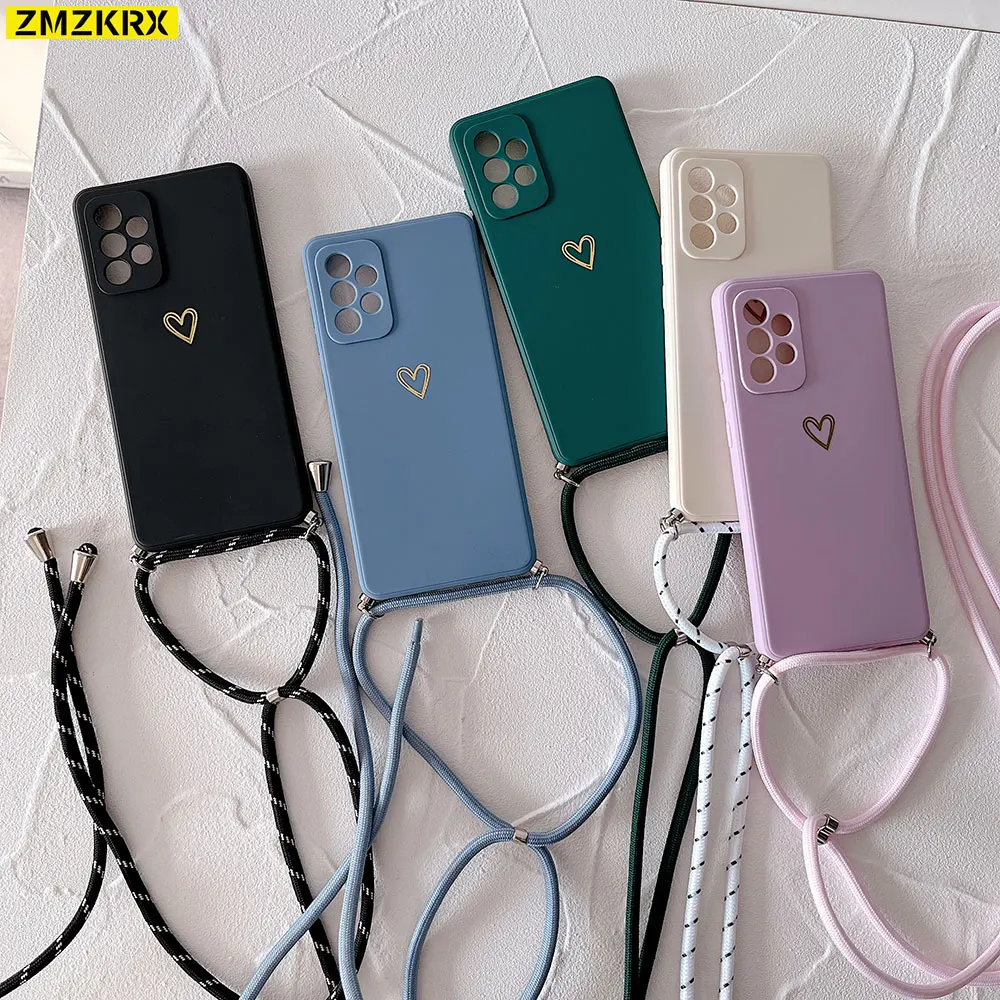 Crossbody Lanyard Liquid silicone Case For Samsung Galaxy A73 A21S A72 A71 A31 A51 A33 A41 A50 Necklace Strap Love Heart Cover
