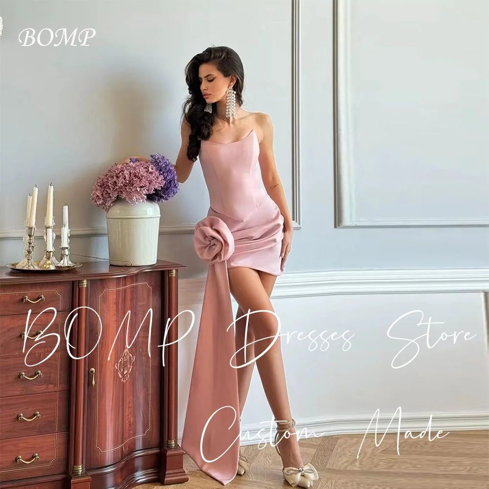 

BOMP Elegant Pink Wedding Party Dress Sreapless Rose Court Train Satin Special Occasion Mini Prom Gown Customized Classic