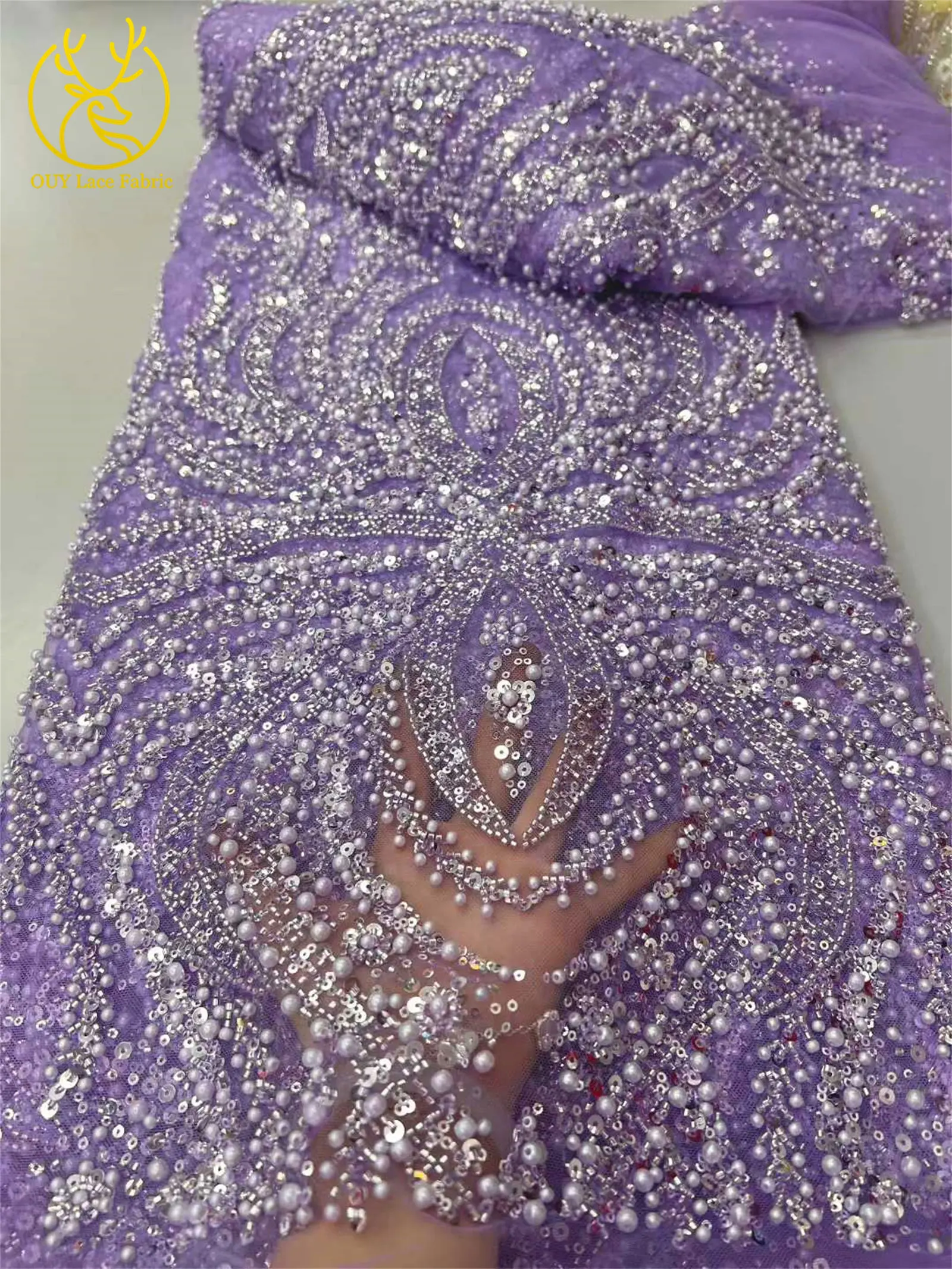 African French Sequin Lace Fabric 2025 High Quality Nigerian Groom Embroidery Beaded Lace Dress Material For Party Sewing 5Yards