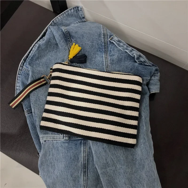 Striped Tassel Makeup Bag Zipper Canvas Makeup Bag Travel Split Large Capacitycosmetics Storage Bag Women image 3