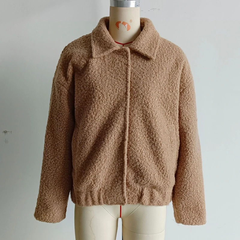 Short Loose Faux Lamb Fur Jacket Lapel Single-breasted Plush Coat Long Sleeve Solid Furry Jackets 2026 Spring Women's Tweed Tops