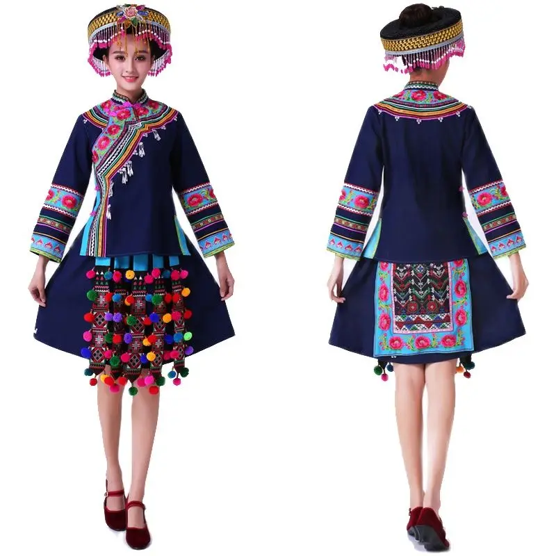 Blue Hmong Miao Clothing Women Stage Costumes For Singers National Festival Performance Dress Chinese Folk Dance Wear