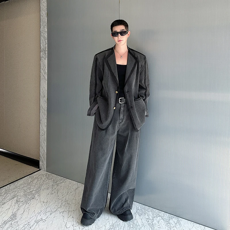 Men Denim Outfit Autumn Winter Two Piece Jacket Pants Suit Collar Patchwork Design Loose Straight Casual Jeans Washed Distressed