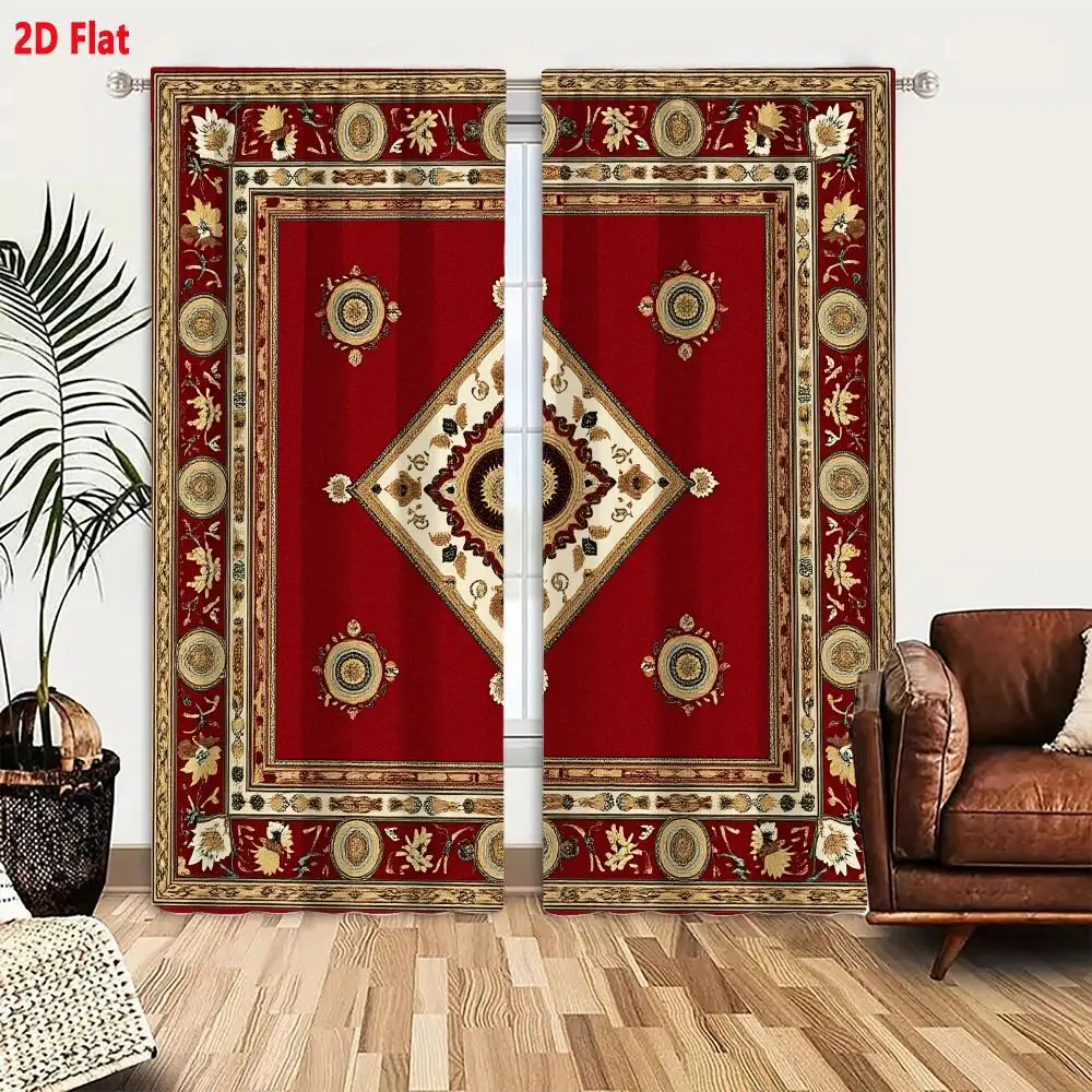 2Pcs Curtains 2D Flat Square Rug With Deep Red Background And Intricate Symmetrical Boteh Medallion Design Featuring Cream And B