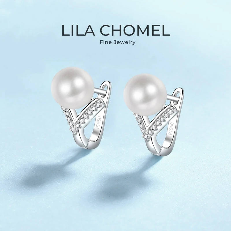 

Girl Valentine's Day Hoop Earrings PT950 Platinum Wedding 0.13 Carat Moissanite Diamond 8mm Freshwater Pearl Women Birthday Gift