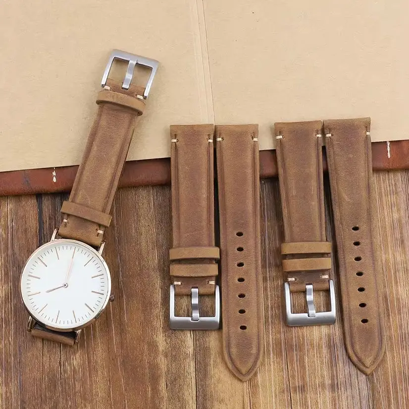 18mm 19mm 20mm 22mm 23mm 24mm Retro Watchbands Distressed Brown Male Strap Crazy Horse Leather Handmade Soft Leather Strap