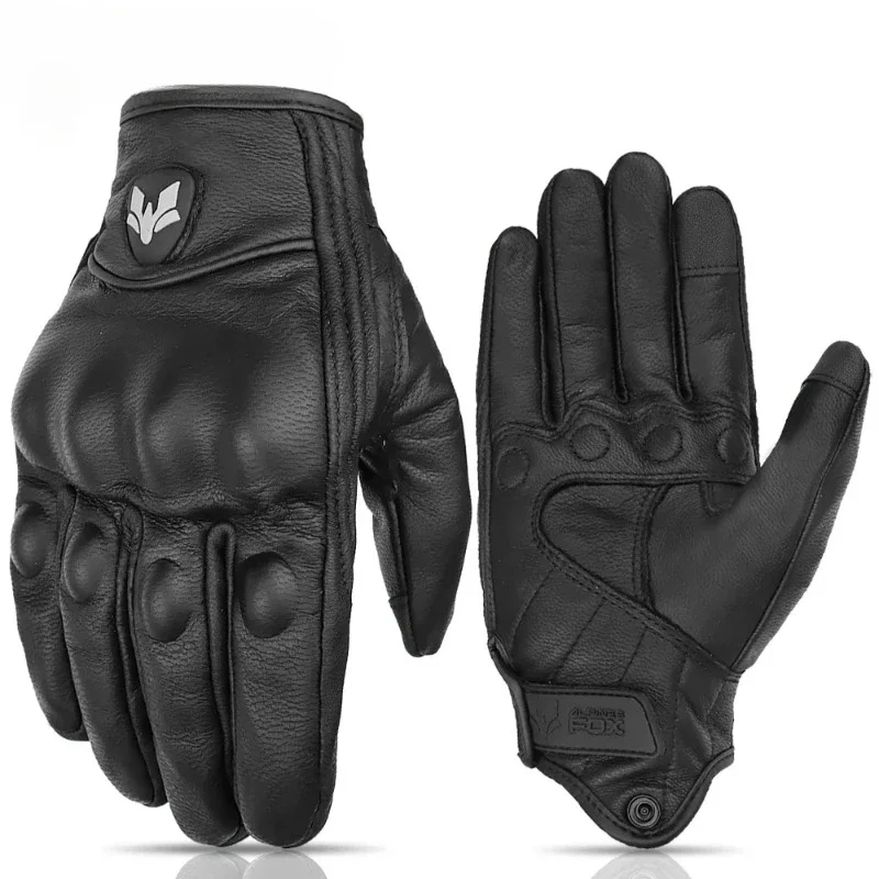 

Vintage Genuine Leather Perforated Motorbike Gloves Men Women Retro Summer Breathable Motorcycle Motocross Racing Street Gloves