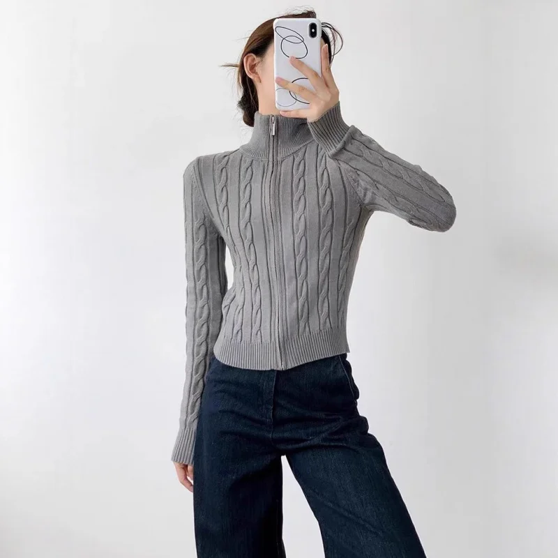 

High Collar Knit Zipper Design Niche Fashion Sweater Women Autumn Winter Short Knitted Cardigan Top