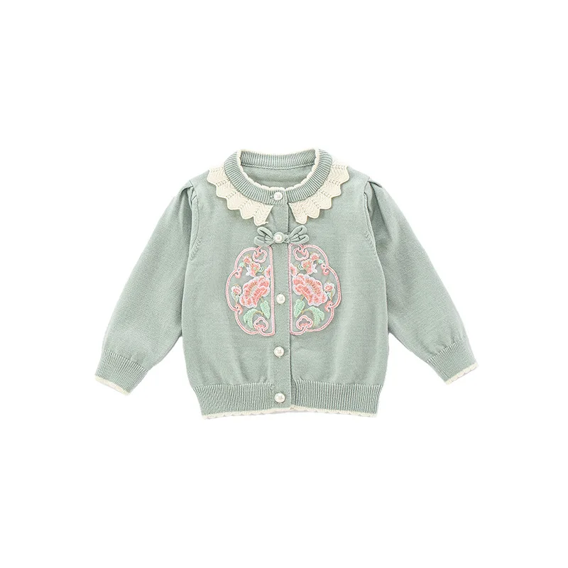 Autumn New Newborn Girls Sweater Single Breasted Lace Collar Floral Embroidery Baby Girls Cardigan Patched Infant Girls Knitwear