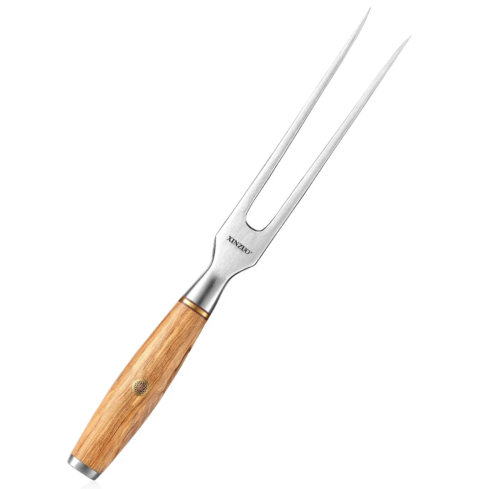 XINZUO 153mm Forged Carving Fork 430 Stainless Steel Carving Tools Roasting Fish Fork Outdoor BBQ Comfortable Wood Handle