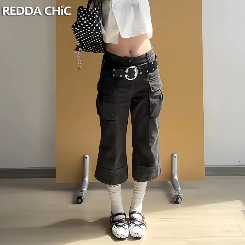 ReddaChic Korea Women Cargo Carpi Jeans Grunge Casual Solid Low Waist Relaxed Flare Bermuda Denim Shorts Summer Retro Streetwear
