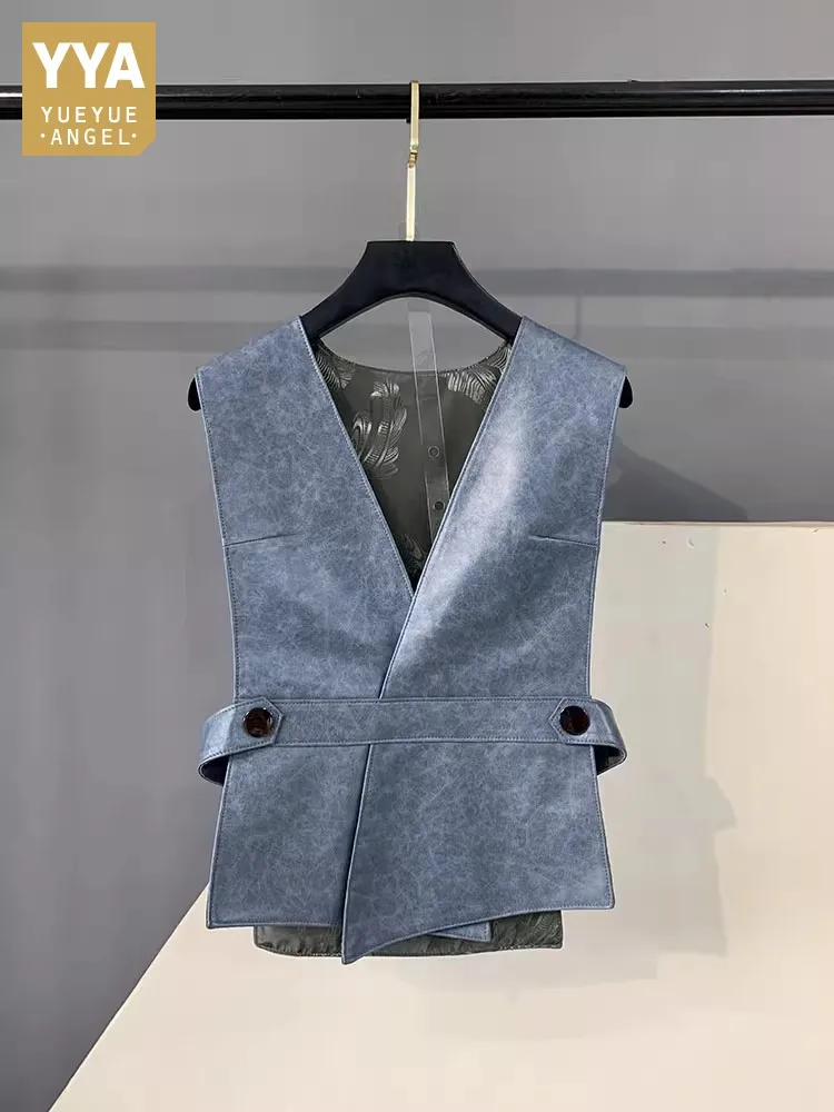 Autumn Genuine Oil Wax Leather Female Vests V-Neck Vest Real Sheepskin Tank Top Elegant Ladies Sleeveless Coat Party Waistcoat