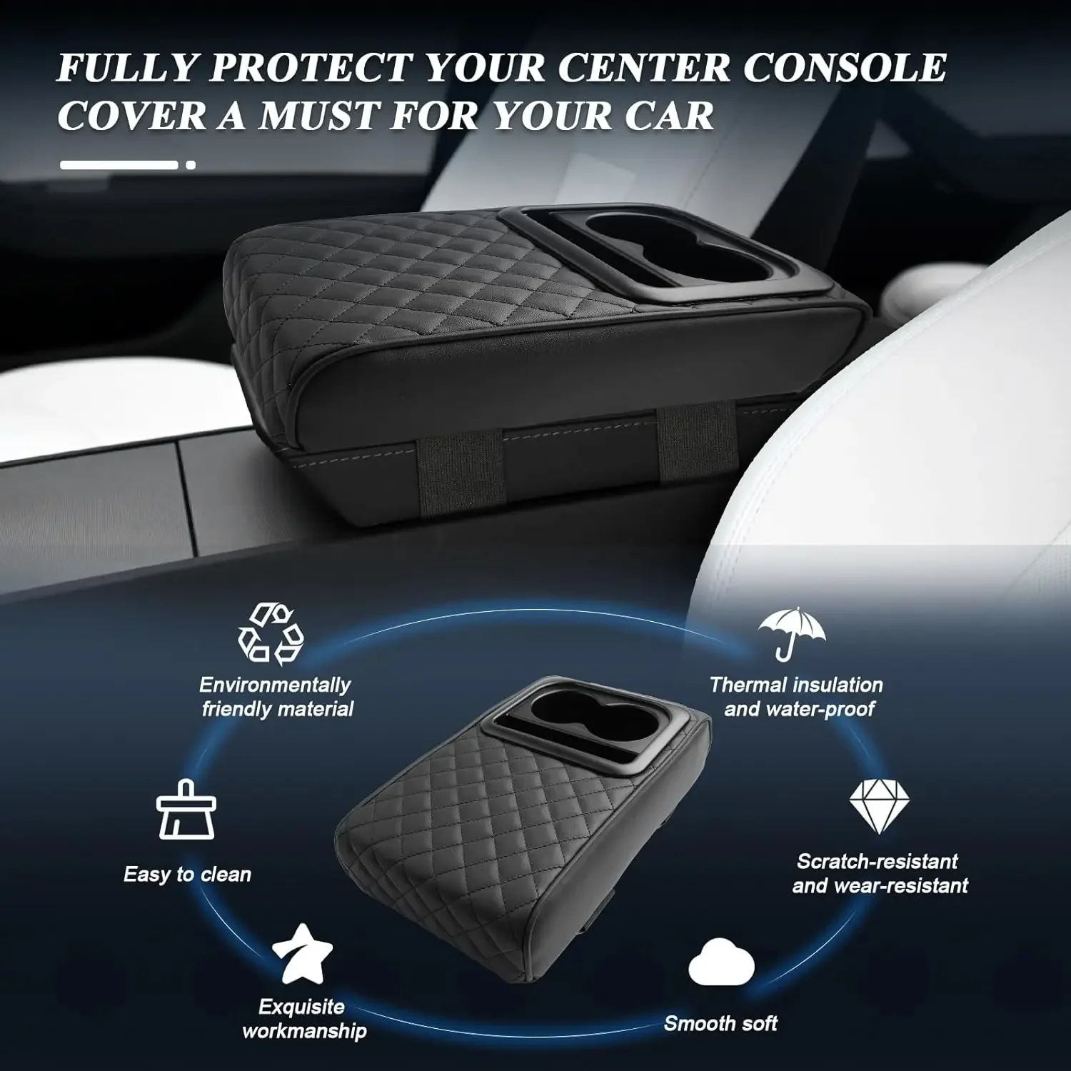Car Armrest Box Booster Cushion Universal Center Console Armrest Pillow Pad PU Leather Multi-function with Cup Holder Card Slot