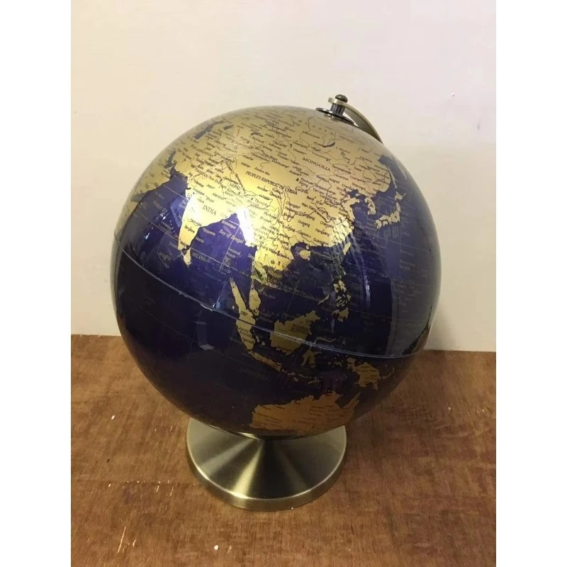 World retro rotating gold and blue world globe with metal stand, designed for your desk/office