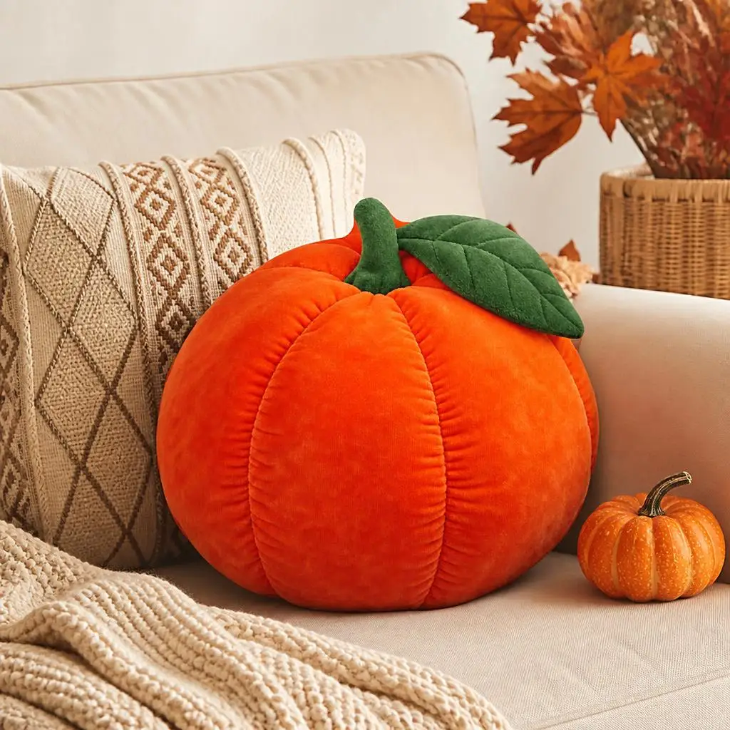 Orange Pumpkin Plush Pillow Stuffed Fall Cushion Autumn Throw Pillow for Sofa Halloween Harvest Home Decor Seasonal Gift