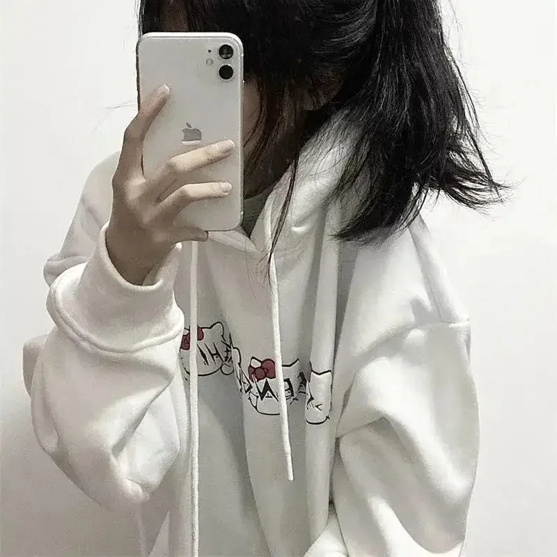 Japanese Kawaii Clothes Hello Kitty Printed White Hoodies Spring Autumn Student Cartoon Print Loose Hoodie Sweatshirt Girl Tops