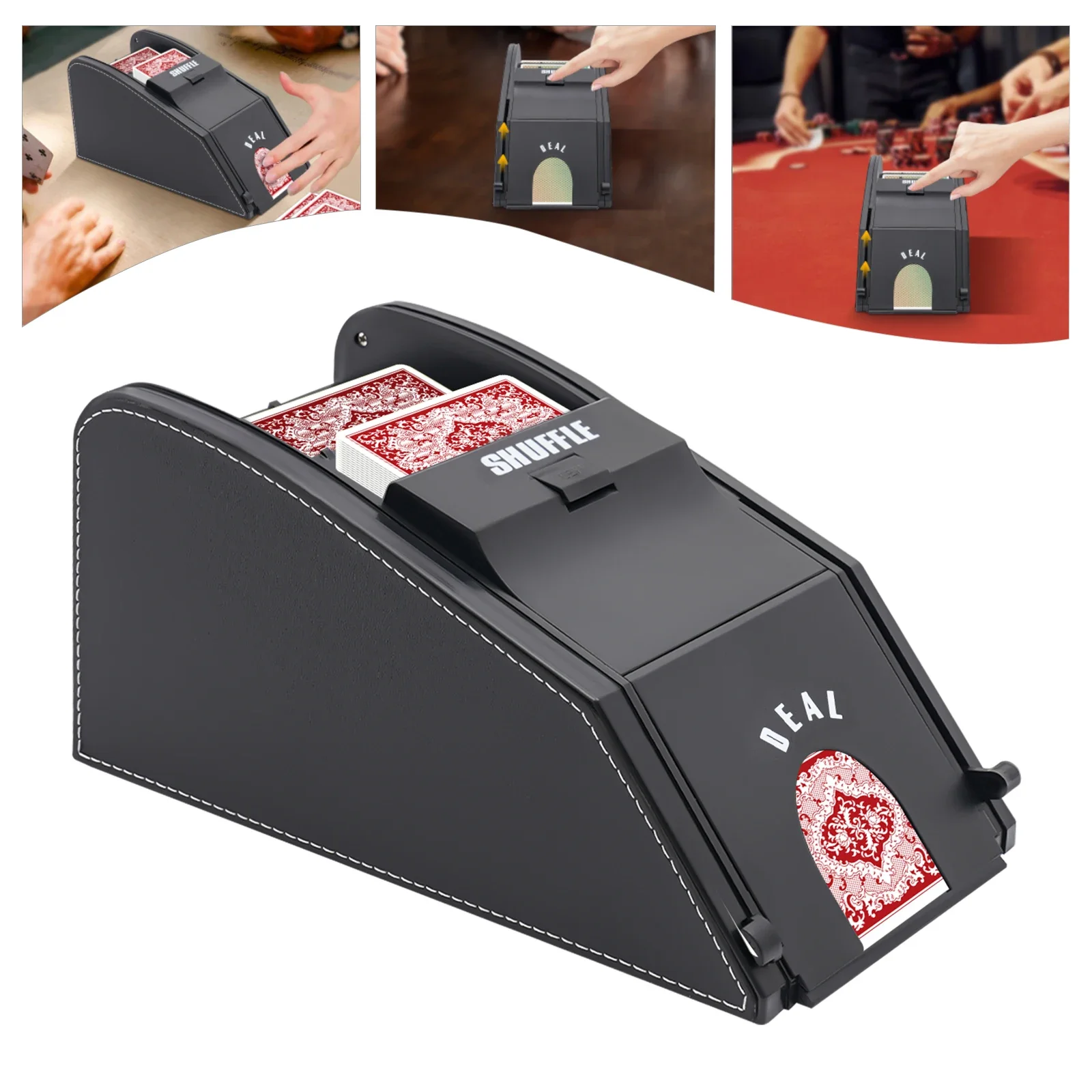 

Automatic Electronic Card Shuffler, Luxury Leather and Plastic Grain, Rotating Card Dealer Machine 2in1 Electric Shuffle Tool
