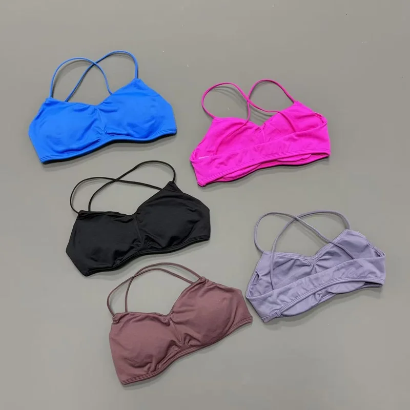 Women Cross Back Sports Bra Thin Strap Removable Pads Breathable Quick Dry Yoga Gym Fitness Workout Bralette Crop Top